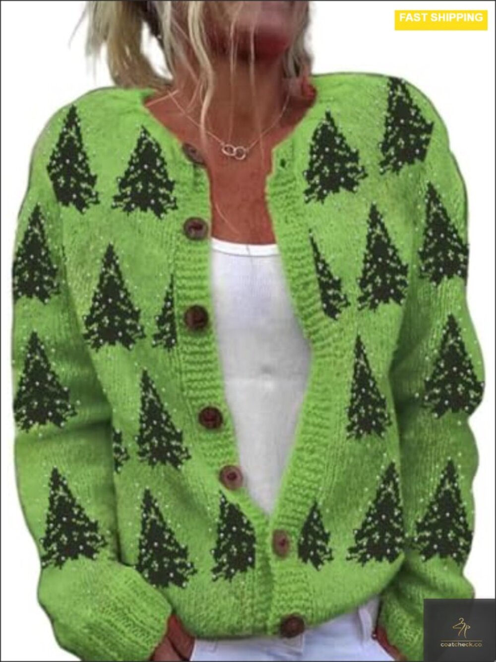 Women's Christmas Tree Knit Cardigan Long Sleeve Button Lightweight